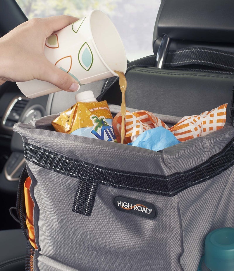 High Road Car Back Seat Trash Bag with Tissue Holder and Cup Holder Pockets - Holds Full Size Tissue Box - 2 Gal Covered Car Trash Can - Image 1